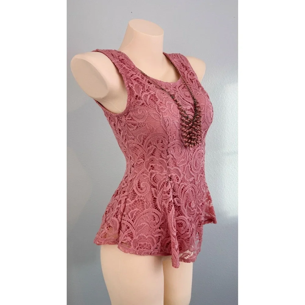 Vtg Dusty Rose Floral Lace Peplum Necklace Sleeveless Top M Coquette Victorian - Picture 3 of 16
